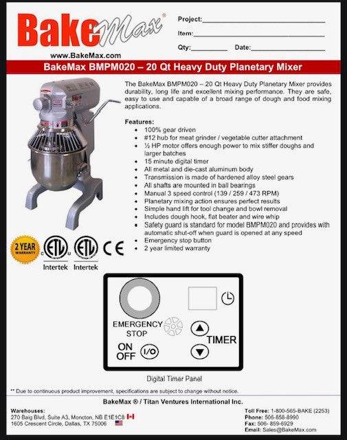 BakeMax (BMPM020) 20Qt Planetary Mixer Bakery Wholesalers