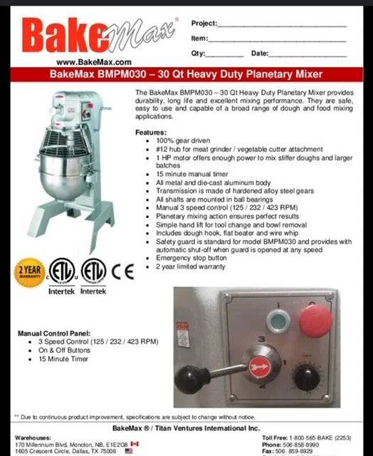 BakeMax (BMPM030) 30Qt Planetary Mixer Bakery Wholesalers