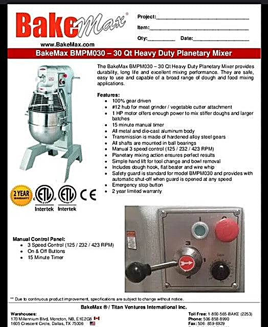 BakeMax (BMPM030) 30Qt Planetary Mixer Bakery Wholesalers