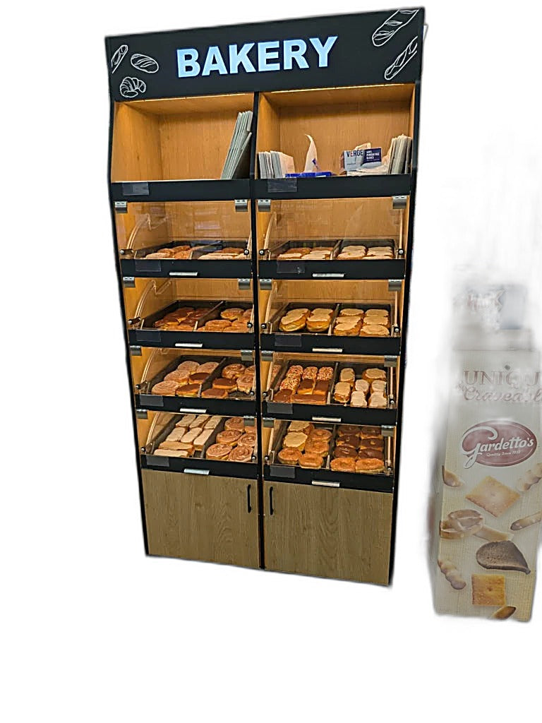 Palram Bakery Backwall Display System with Open Upper Compartments & Lower Storage – 40"W x 78"H x 20"D - Donut-Equipment.com