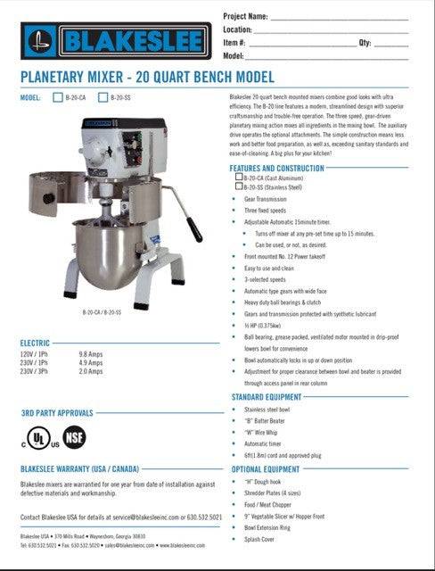 20 Quart Stainless Steel Floor Model Blakeslee Food Mixer Model F-20-SS Bakery Wholesalers