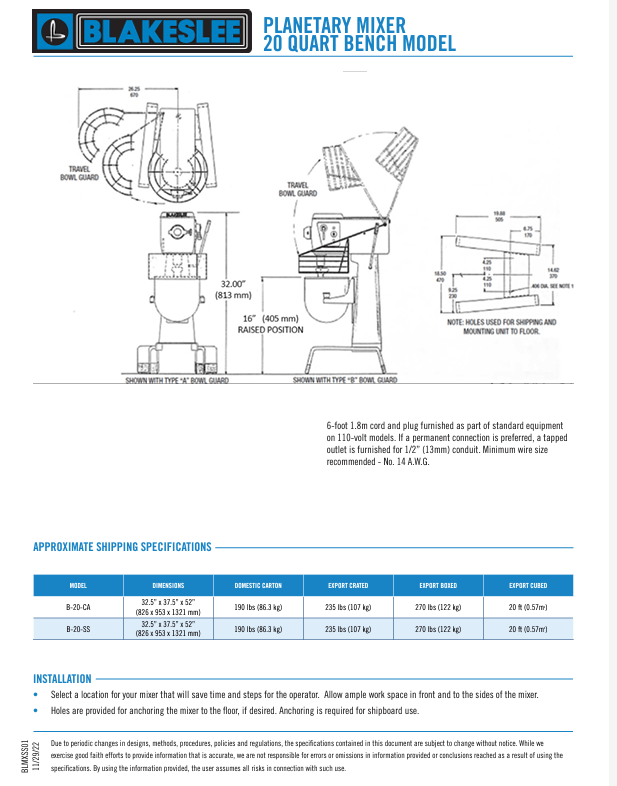 20 Quart Stainless Steel Floor Model Blakeslee Food Mixer Model F-20-SS Bakery Wholesalers