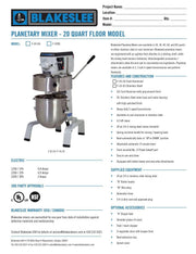 20 Quart Floor Model Blakeslee Food Mixer Model F-20-CA Bakery Wholesalers