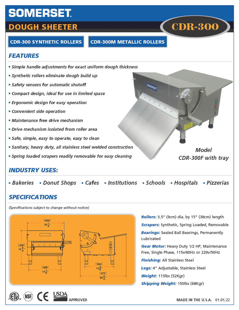 CDR-300 Dough Sheeter 15" wide Table-Top Sheeter - Bakery Wholesalers