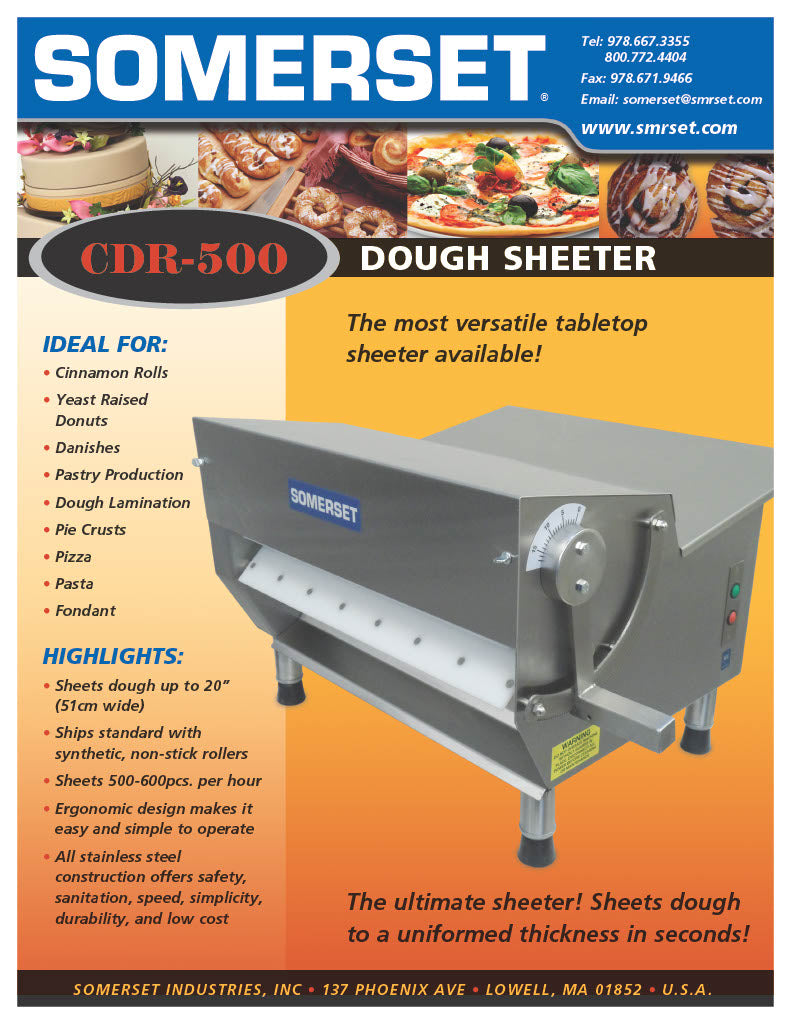 Somerset CDR-500 - Dough Roller Sheeter - 20" Single Pass- Recommended for Donut Dough - Bakery Wholesalers