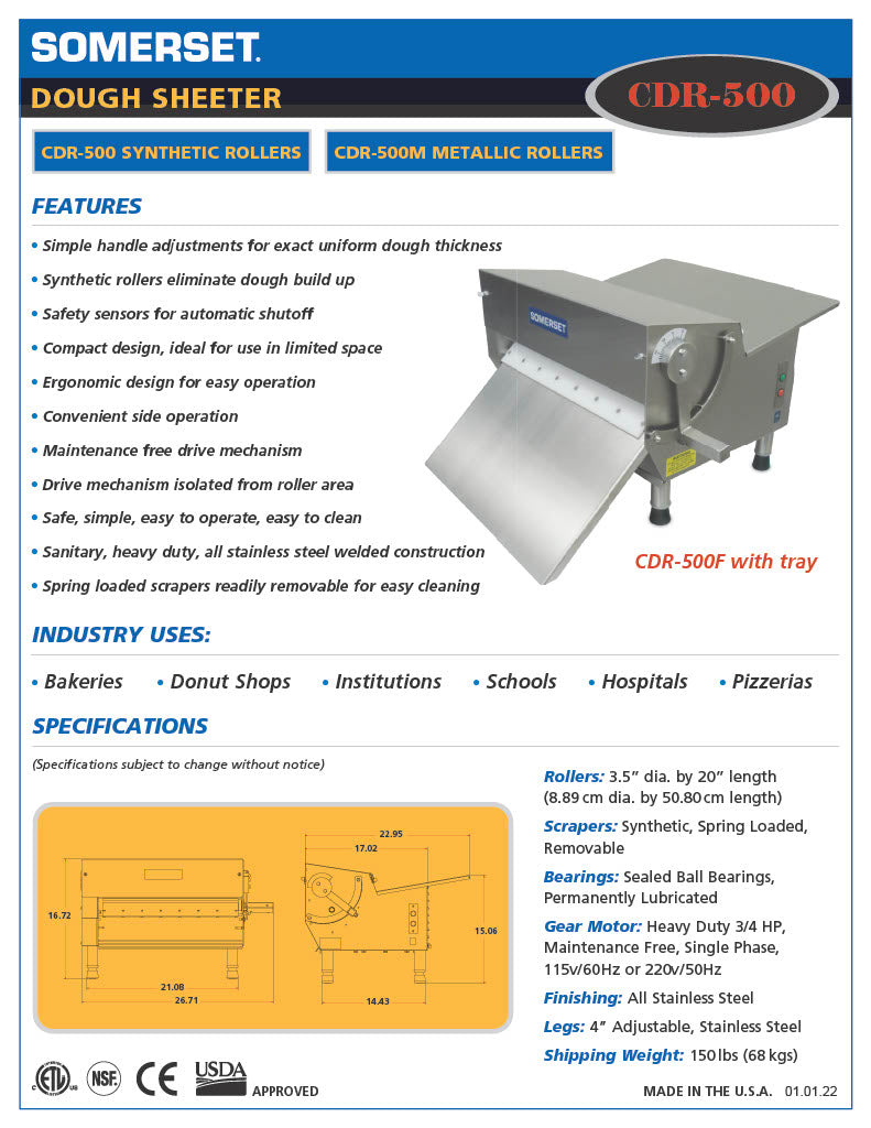 Somerset CDR-500 - Dough Roller Sheeter - 20" Single Pass- Recommended for Donut Dough - Bakery Wholesalers