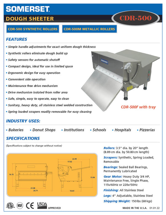 Somerset CDR-500 - Laminadora de rodillos de masa - 20" Single Pass - Recomendado para masa de donas