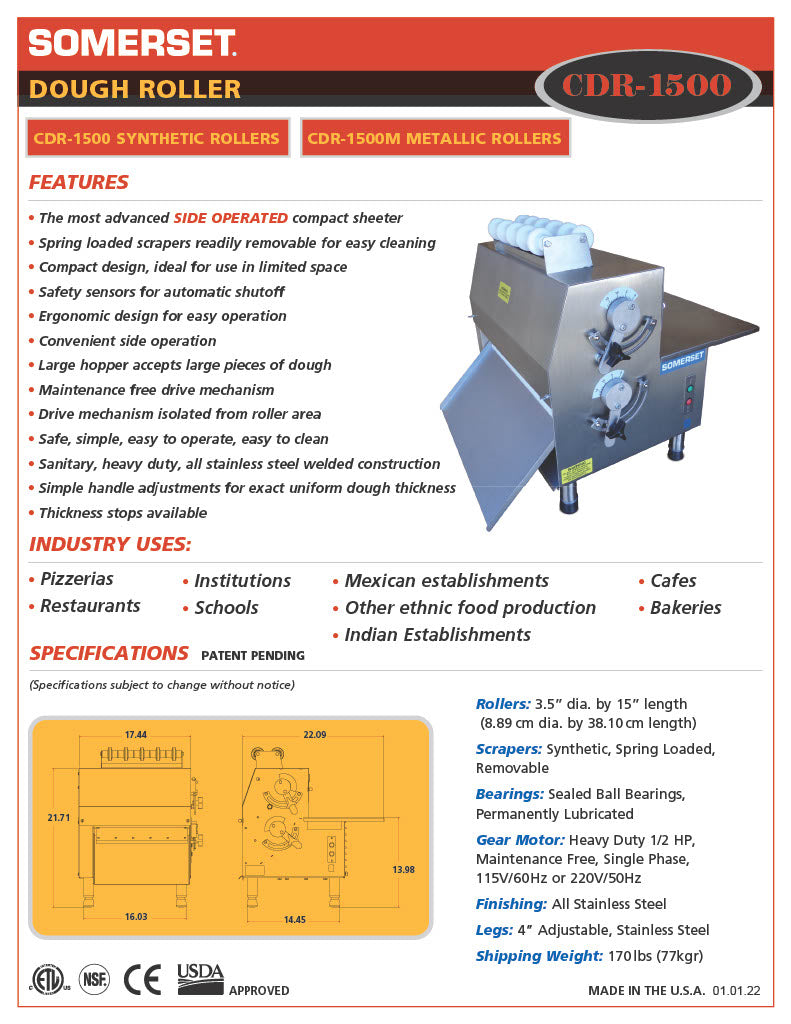 CDR-1500 Dough Roller / Double Pass- Side Operated - Bakery Wholesalers