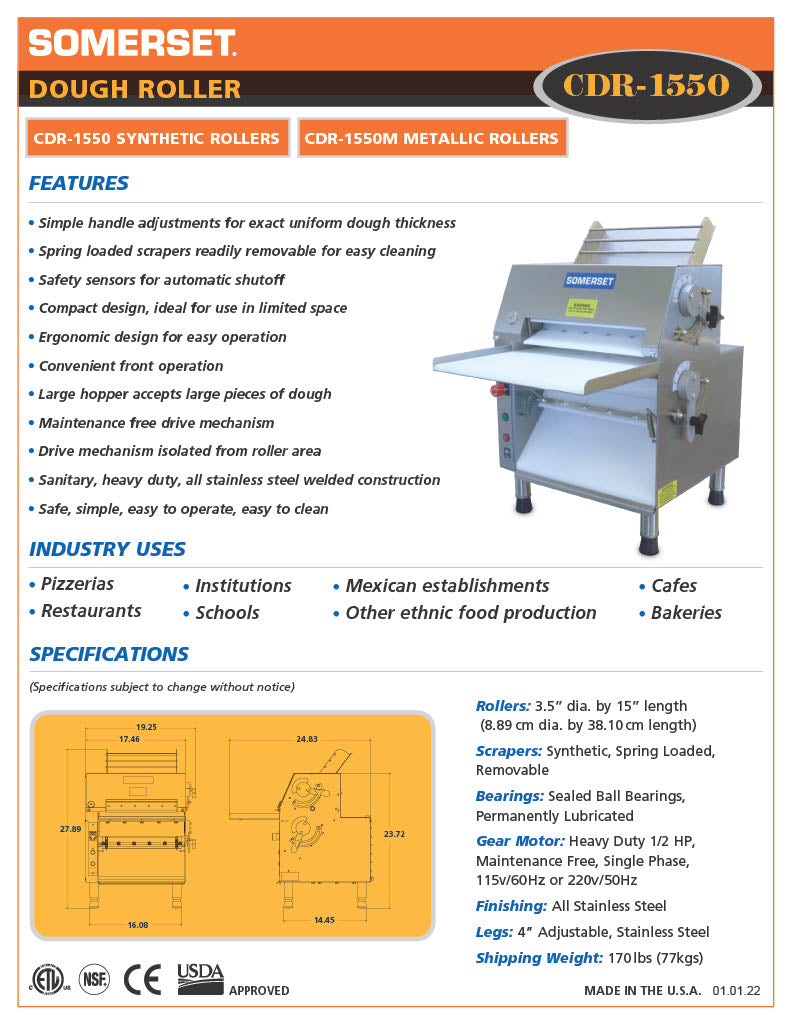 CDR-1550 Dough Roller / Double Pass- Front Operated - Bakery Wholesalers