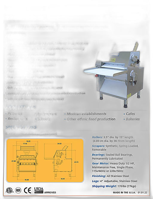 CDR-1550 Dough Roller / Double Pass- Front Operated - Bakery Wholesalers