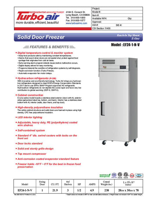 Turbo Air EF24-1-N-V E-Line 28" Solid Door Reach-In Freezer