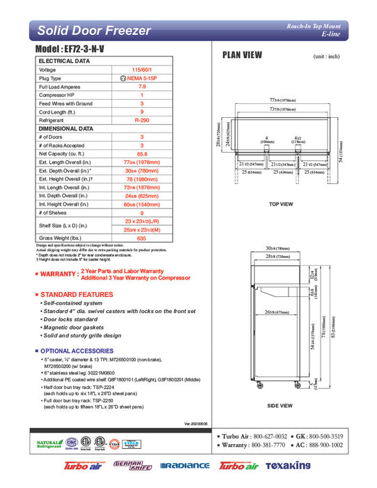 Turbo Air EW72-3-N-V E-Line 78" Solid 3 Door Reach-In Freezer