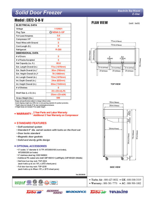 Turbo Air ER72-3-N-V E-Line 78" Solid 3 Door Reach-In Refrigerator