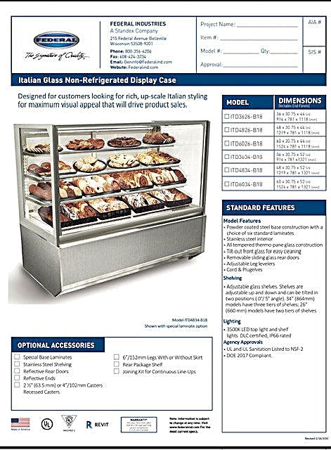 Federal Industries (ITD3626-B18)-Non-Refrigerated- 36" Full Service Case w/Straight Glass 120V - Bakery Wholesalers