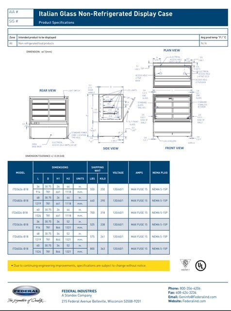Federal Industries (ITD6034-B18)-Non-Refrigerated- 60" x 52"(H) Full Service Case w/Straight Glass 120V - Bakery Wholesalers