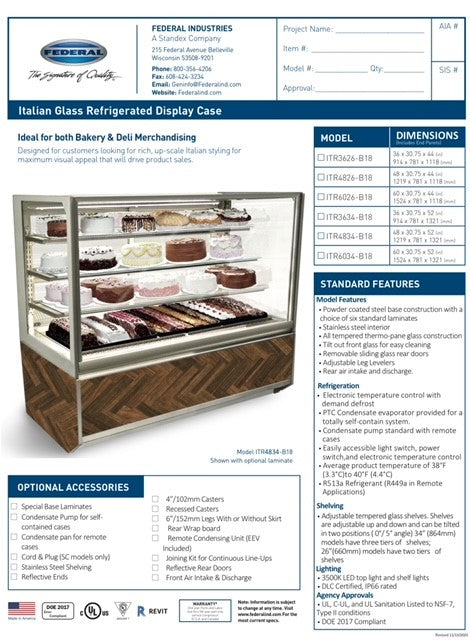 Federal Industries (ITR4834-B18) 52"(H)- 48" Full Service Case w/Straight Glass (Refrigerated) 120V - Bakery Wholesalers