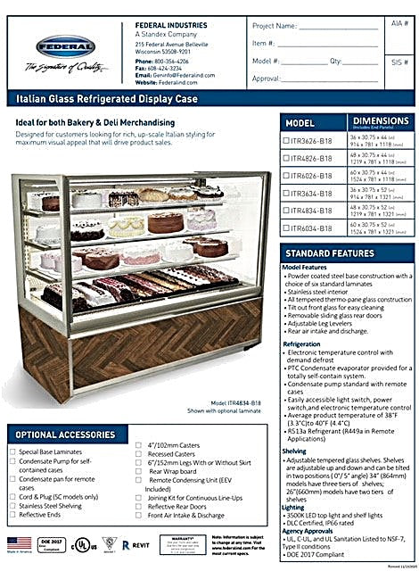 Federal Industries (ITR3626-B18)- 36" Full Service Case w/Straight Glass (Refrigerated) 120V - Bakery Wholesalers