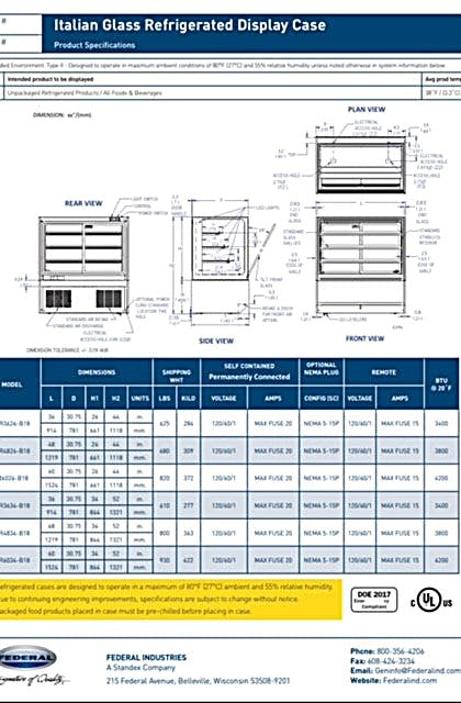 Federal Industries (ITR4834-B18) 52"(H)- 48" Full Service Case w/Straight Glass (Refrigerated) 120V - Bakery Wholesalers