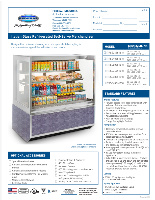 Federal Industries (ITRSS6026-B18)-Italian Series Refrigerated- 60" Self Service Open Air Case w/ Two Shelves 208-240V - Bakery Wholesalers