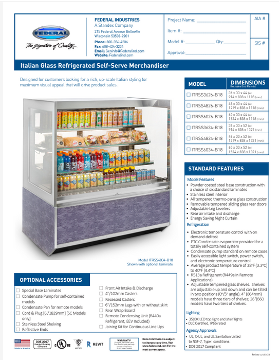 Federal Industries (ITR6034-B18) 52"(H)- 60" Full Service Case w/Straight Glass (Refrigerated) 120V