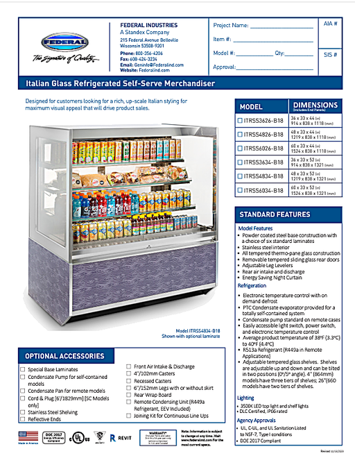 Federal Industries (ITRSS6034-B18)-Italian Series Refrigerated- 60" x 52"(H) Self Service Open Air Case w/ Two Shelves 208-240V - Bakery Wholesalers