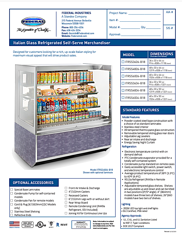 Federal Industries (ITRSS6034-B18)-Italian Series Refrigerated- 60" x 52"(H) Self Service Open Air Case w/ Two Shelves 208-240V - Bakery Wholesalers