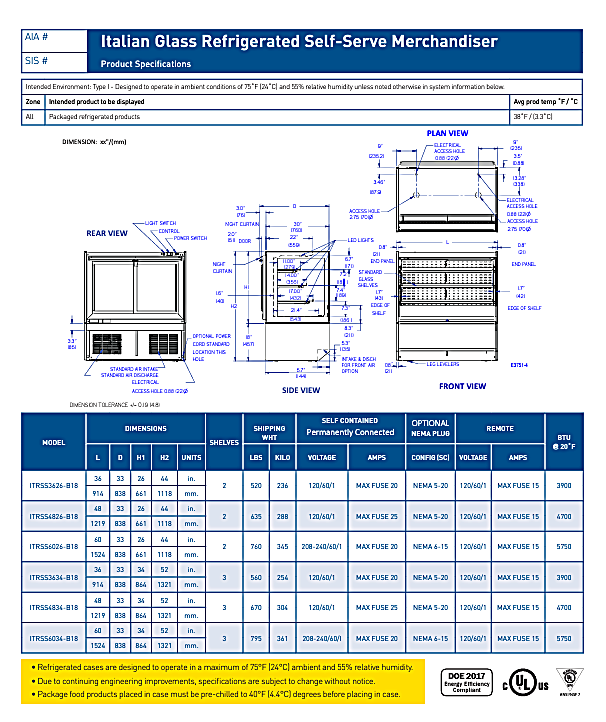 Federal Industries (ITRSS6026-B18)-Italian Series Refrigerated- 60" Self Service Open Air Case w/ Two Shelves 208-240V - Bakery Wholesalers