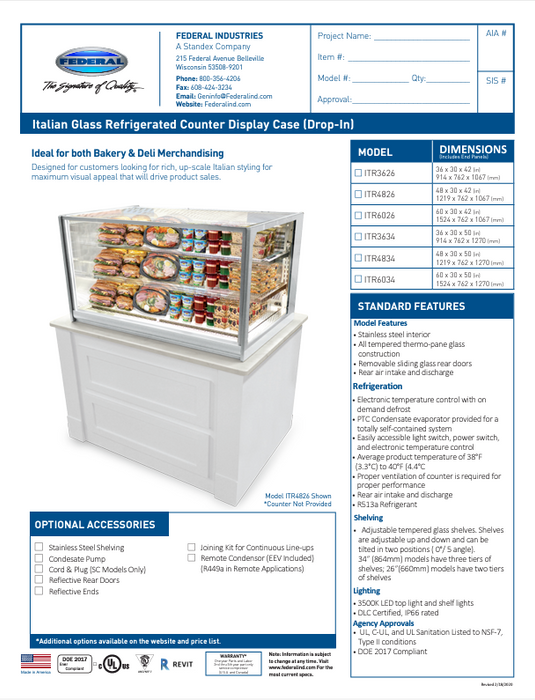 Federal Industries (ITD4834)-Non-Refrigerated- 48" x 34"(H) Counter Case w/Straight Glass 120V