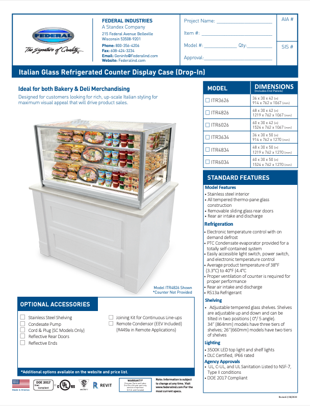Federal Industries (ITR6026)-Refrigerated Drop In- 60" Counter Case w/Straight Glass 120V - Bakery Wholesalers