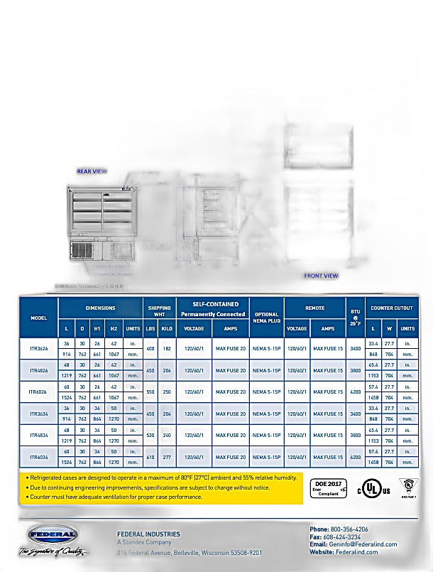 Federal Industries (ITR6034)-Refrigerated Drop In- 60" x 34"(H) Counter Case w/Straight Glass 120V - Bakery Wholesalers