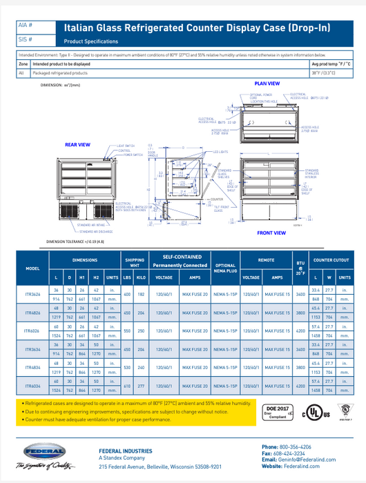 Federal Industries (ITD3626)-Non-Refrigerated- 36" Counter Case w/Straight Glass 120V