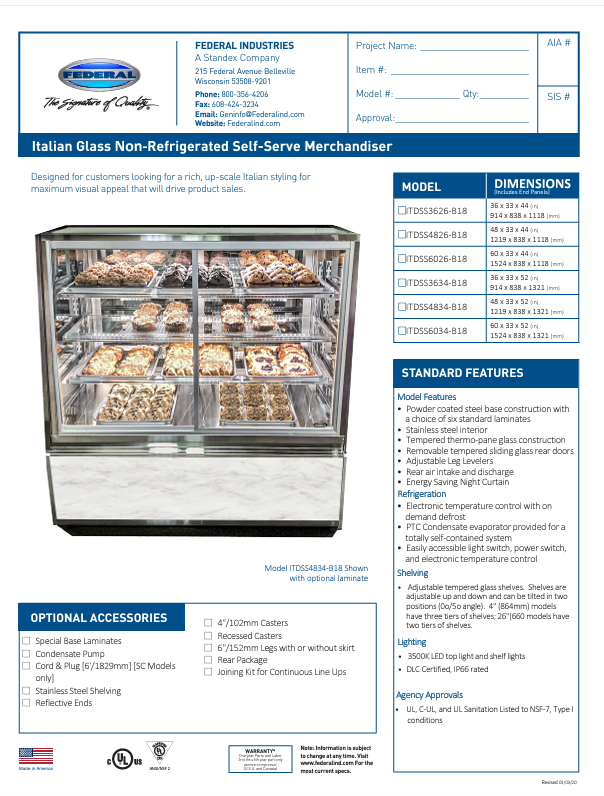 Federal Industries (ITDSS6034-B18)-Non-Refrigerated-(Sliding Doors on Front) 48" x 52"(H) Self Service Case w/Straight Glass 120V (Copy) - Bakery Wholesalers