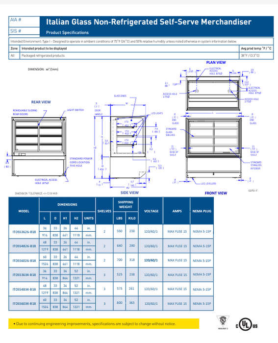 Federal Industries (ITDSS6034-B18)-Non-Refrigerated-(Sliding Doors on Front) 48" x 52"(H) Self Service Case w/Straight Glass 120V (Copy)