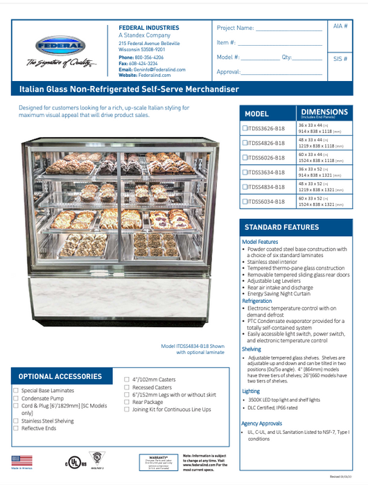 Federal Industries (ITDSS6034-B18)-Non-Refrigerated-(Sliding Doors on Front) 48" x 52"(H) Self Service Case w/Straight Glass 120V (Copy)