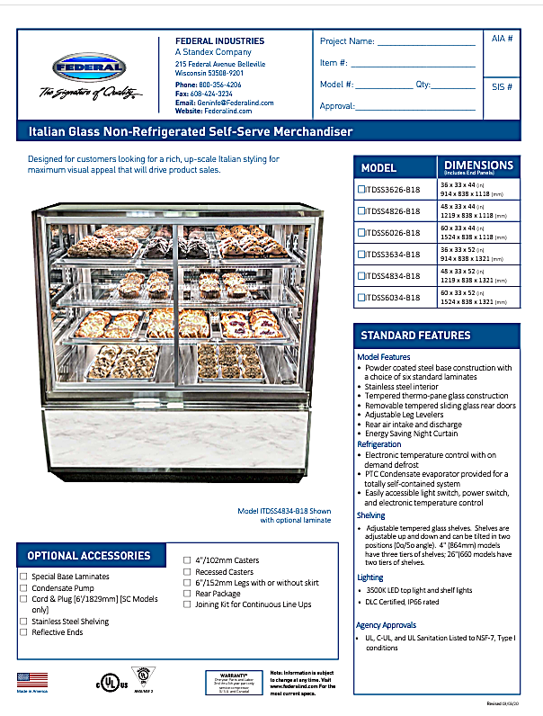 Federal Industries (ITDSS6034-B18)-Non-Refrigerated-(Sliding Doors on Front) 48" x 52"(H) Self Service Case w/Straight Glass 120V (Copy) - Bakery Wholesalers