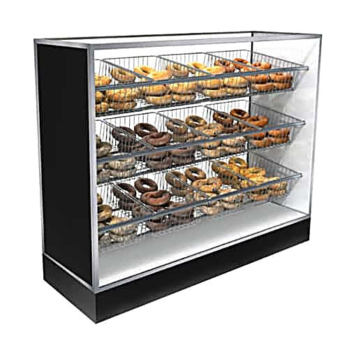 Jahabow BMB Series 60.375"L x 22"D x 50"H Bagel Merchandiser Display Case – Aluminum, Tempered Glass, w/ 3 Fixed Rows, Non-Refrigerated - Bakery Wholesalers