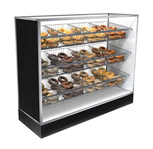 Jahabow BMB Series 75.375"L x 22"D x 50"H Bagel Merchandiser Display Case – Aluminum, Tempered Glass, w/ 3 Fixed Rows, Non-Refrigerated - Bakery Wholesalers