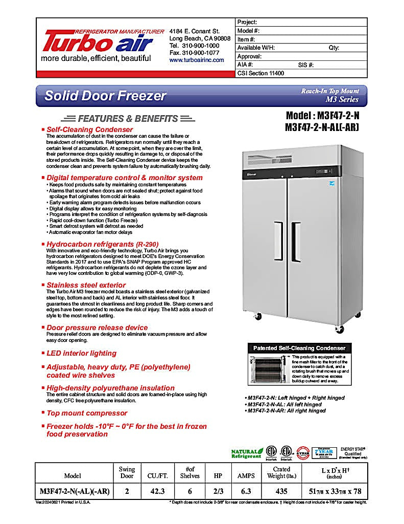Turbo Air M3F47-2-N M3 Series 52" Stainless Steel Reach-In Freezer - Donut-Equipment.com