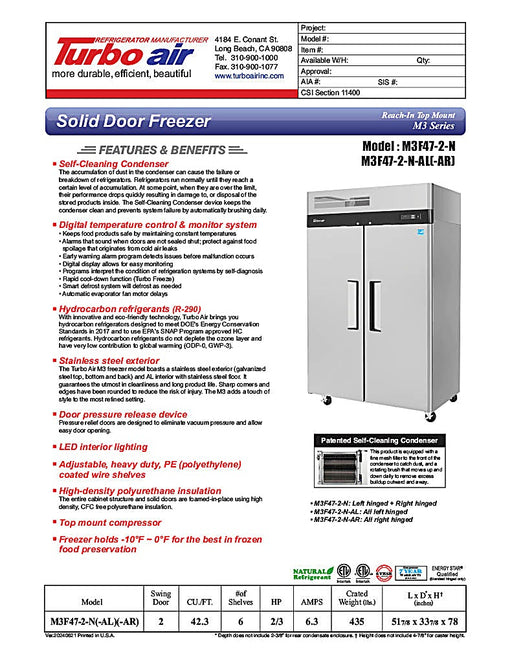 Turbo Air M3F47-2-N M3 Series 52" Stainless Steel Reach-In Freezer - Donut-Equipment.com