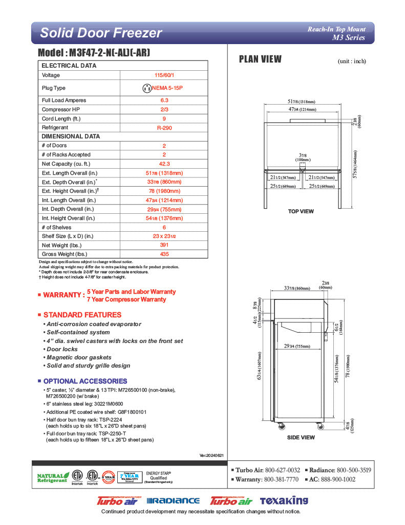 Turbo Air M3F47-2-N M3 Series 52" Stainless Steel Reach-In Freezer - Donut-Equipment.com