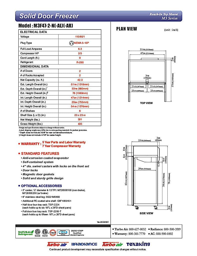 Turbo Air M3F47-2-N M3 Series 52" Stainless Steel Reach-In Freezer - Donut-Equipment.com