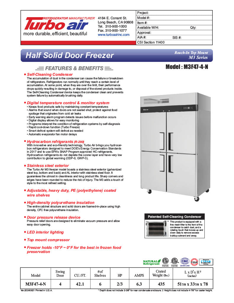 Turbo Air M3F47-4-N 51-3/4" M3 Series Reach-In Top Mount Insulated Freezer With 2 Sections And 4 Doors, 42.1 Cubic Feet, 115 Volts - Donut-Equipment.com