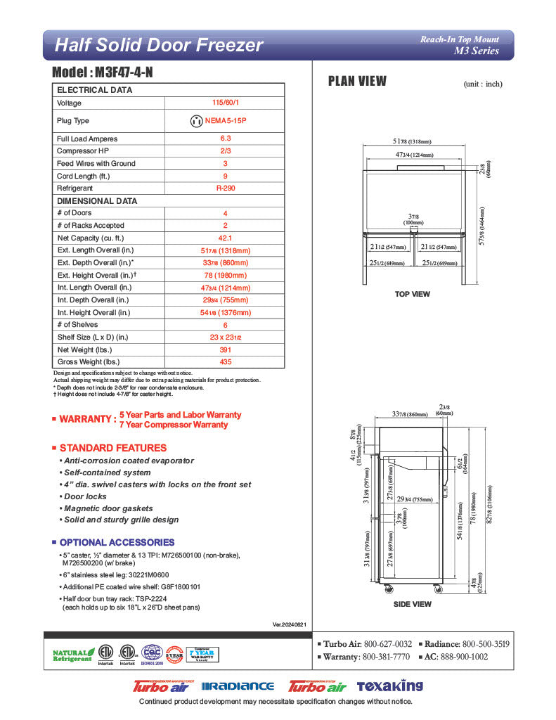Turbo Air M3F47-4-N 51-3/4" M3 Series Reach-In Top Mount Insulated Freezer With 2 Sections And 4 Doors, 42.1 Cubic Feet, 115 Volts - Donut-Equipment.com