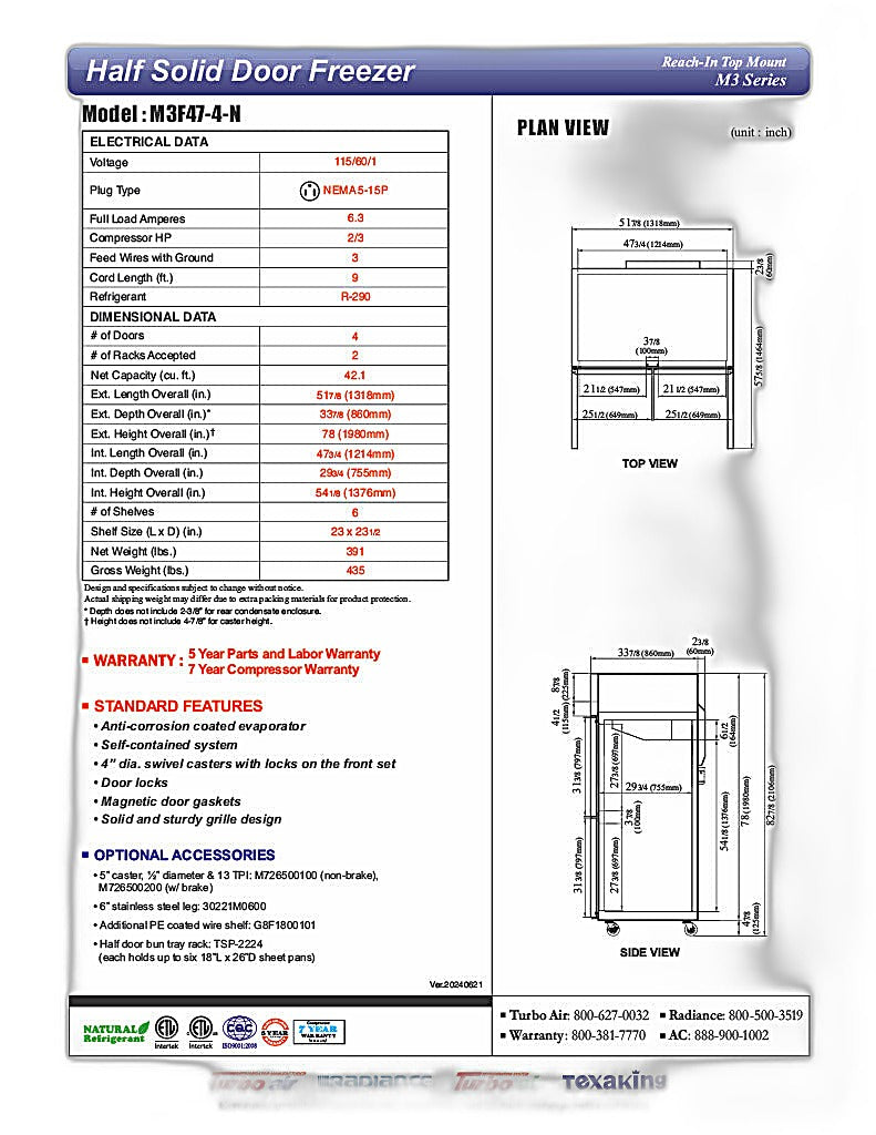 Turbo Air M3F47-4-N 51-3/4" M3 Series Reach-In Top Mount Insulated Freezer With 2 Sections And 4 Doors, 42.1 Cubic Feet, 115 Volts - Donut-Equipment.com