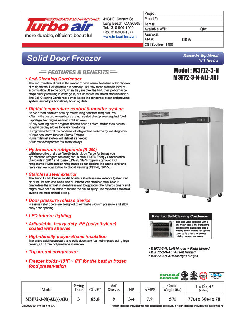 Turbo Air M3F72-3-N M3 Series 78" Solid Door Reach In Freezer - Donut-Equipment.com