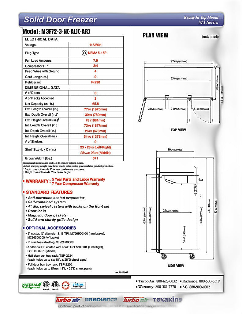 Turbo Air M3F72-3-N M3 Series 78" Solid Door Reach In Freezer - Donut-Equipment.com