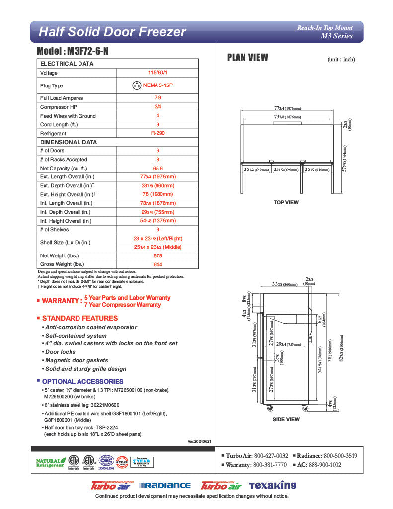 Turbo Air M3F72-6-N M3 Series 78" Solid Half Door Reach In Freezer - Donut-Equipment.com