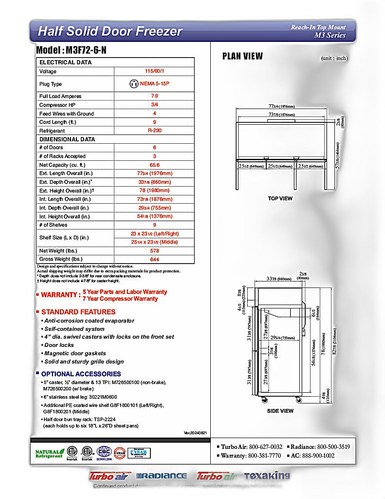 Turbo Air M3F72-6-N M3 Series 78" Solid Half Door Reach In Freezer - Donut-Equipment.com