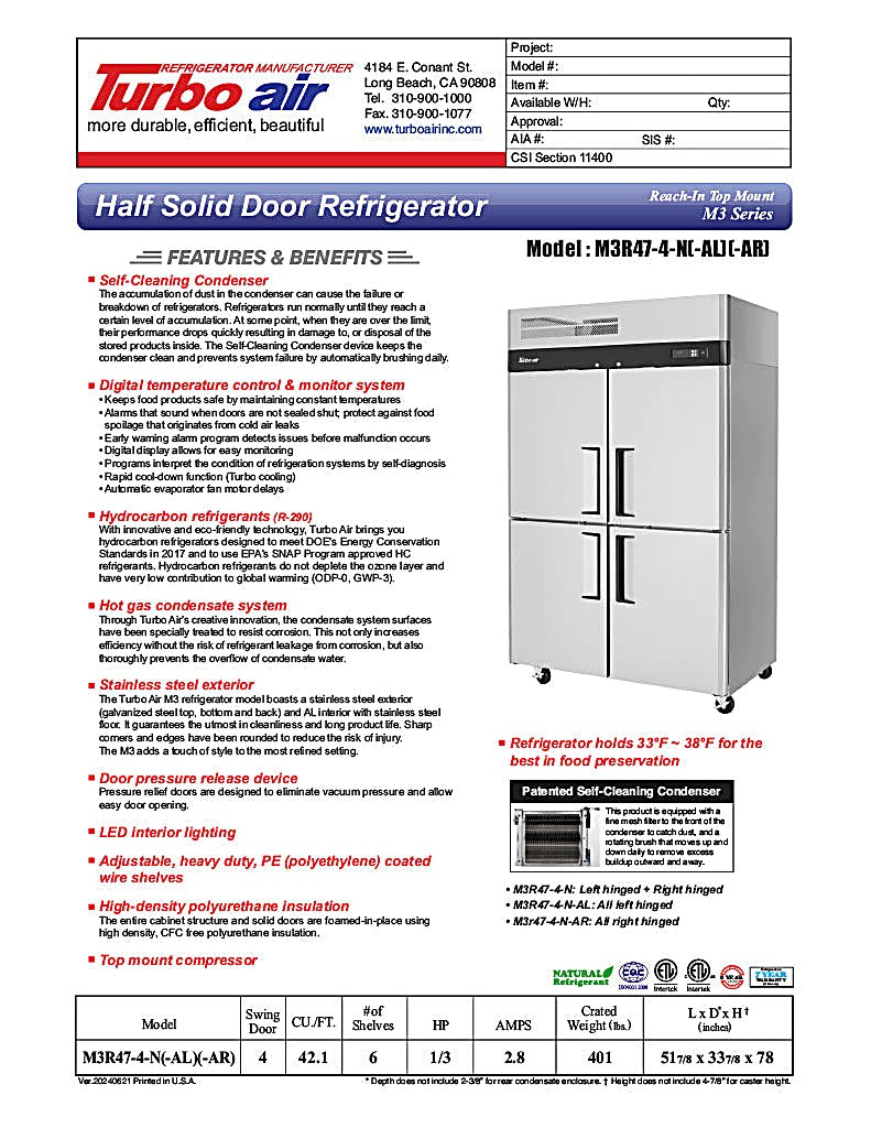 Turbo Air M3R47-4-N 51 3/4" Two Section Reach In Refrigerator, (4) Left/Right Hinge Solid Doors, 115v - Donut-Equipment.com
