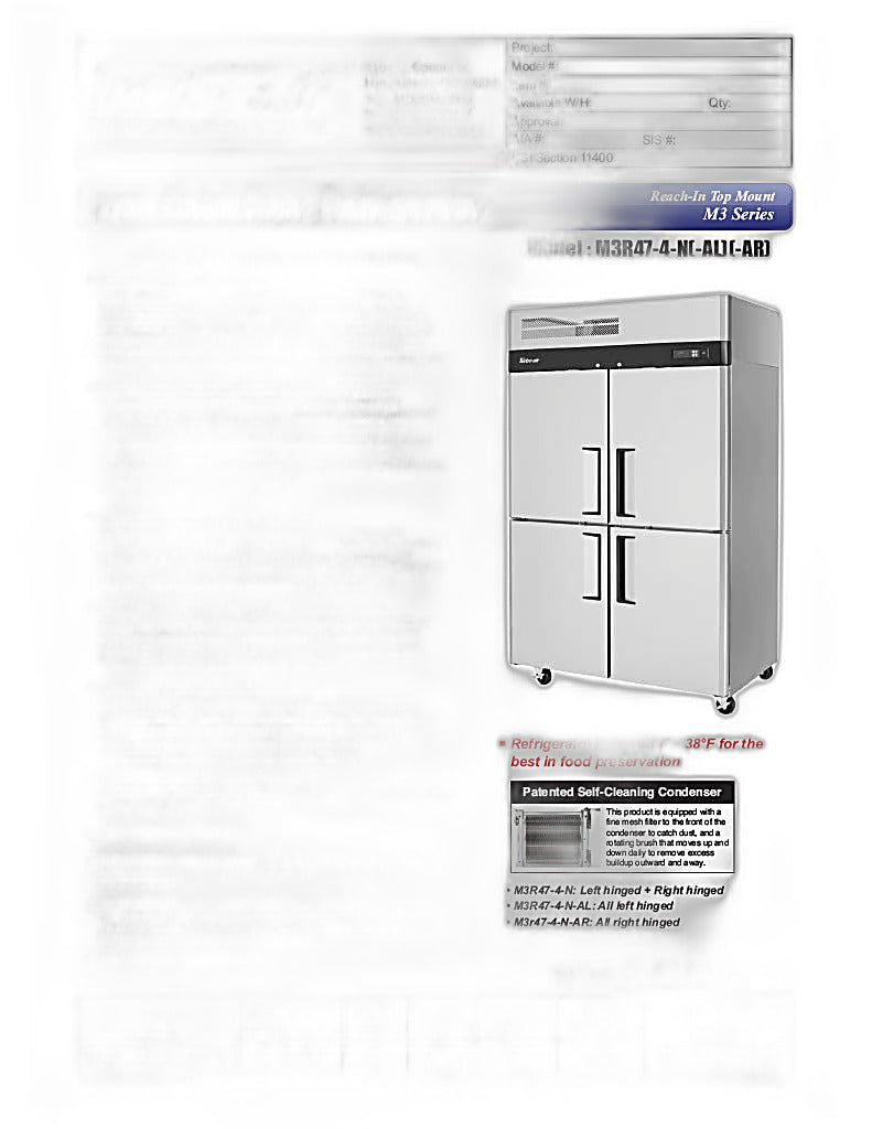Turbo Air M3R47-4-N 51 3/4" Two Section Reach In Refrigerator, (4) Left/Right Hinge Solid Doors, 115v - Donut-Equipment.com